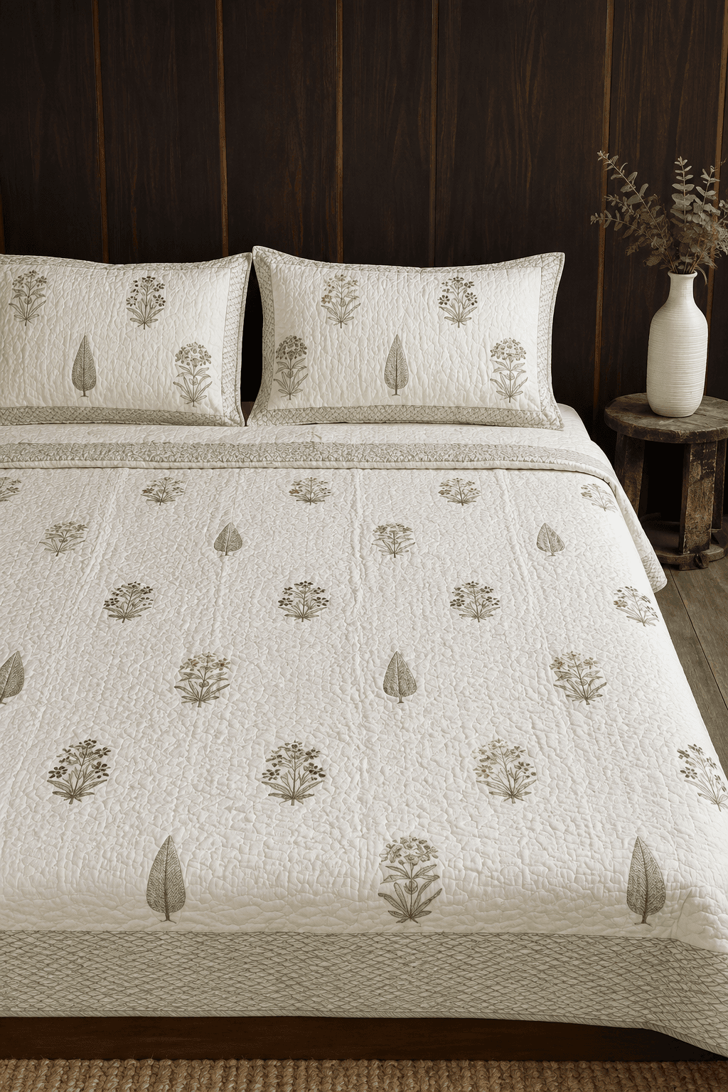 Comforting white and green bedspreads